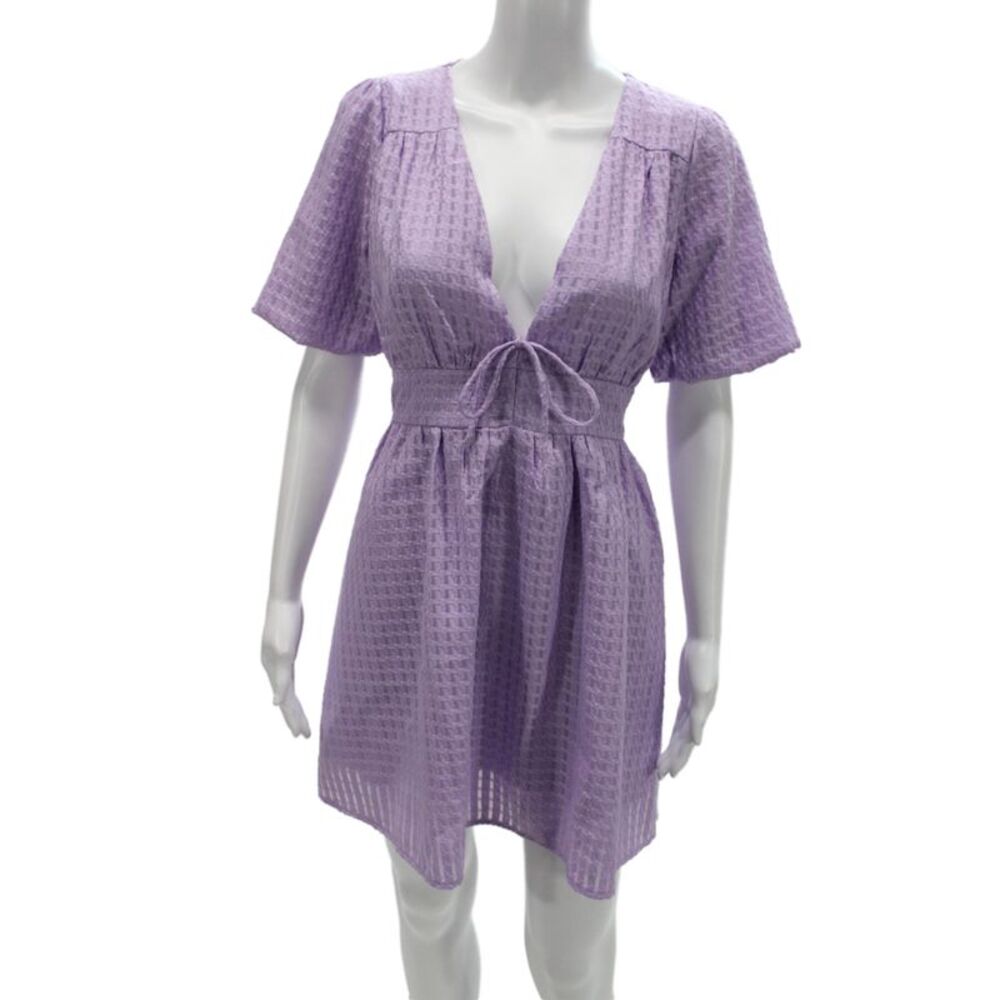 Hello Molly Women Fit & Flare Mini Dress Purple V-Neck Short Sleeve Size L